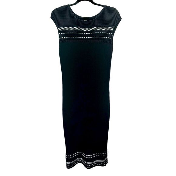Eva Mendes Black Stretchy Midi Dress Cap Sleeve Fitted Bodycon White Detailing - Picture 1 of 8